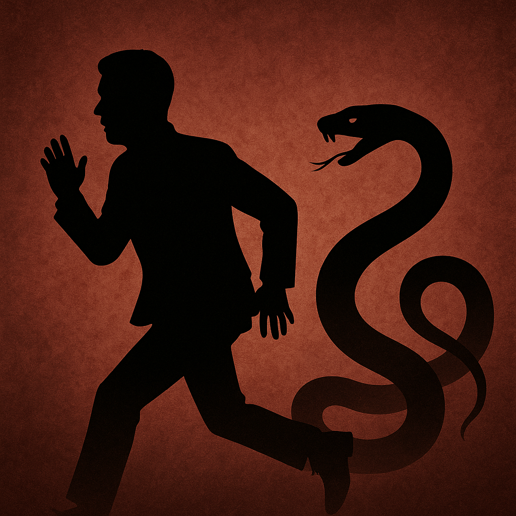 &amp;quot;붉은 배경 속 뱀에게 쫓기며 불안해하는 유명인 이미지｜반복되는 뱀 꿈의 심리적 상징 표현&amp;quot; 