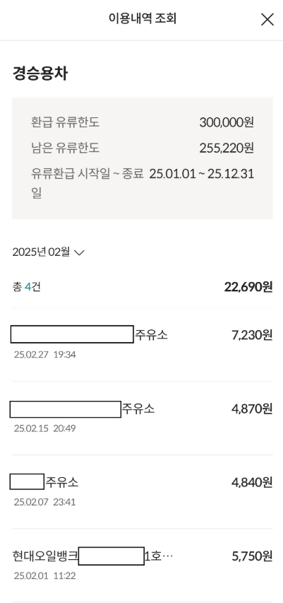 경차유류비 지원카드 이용내역이미지