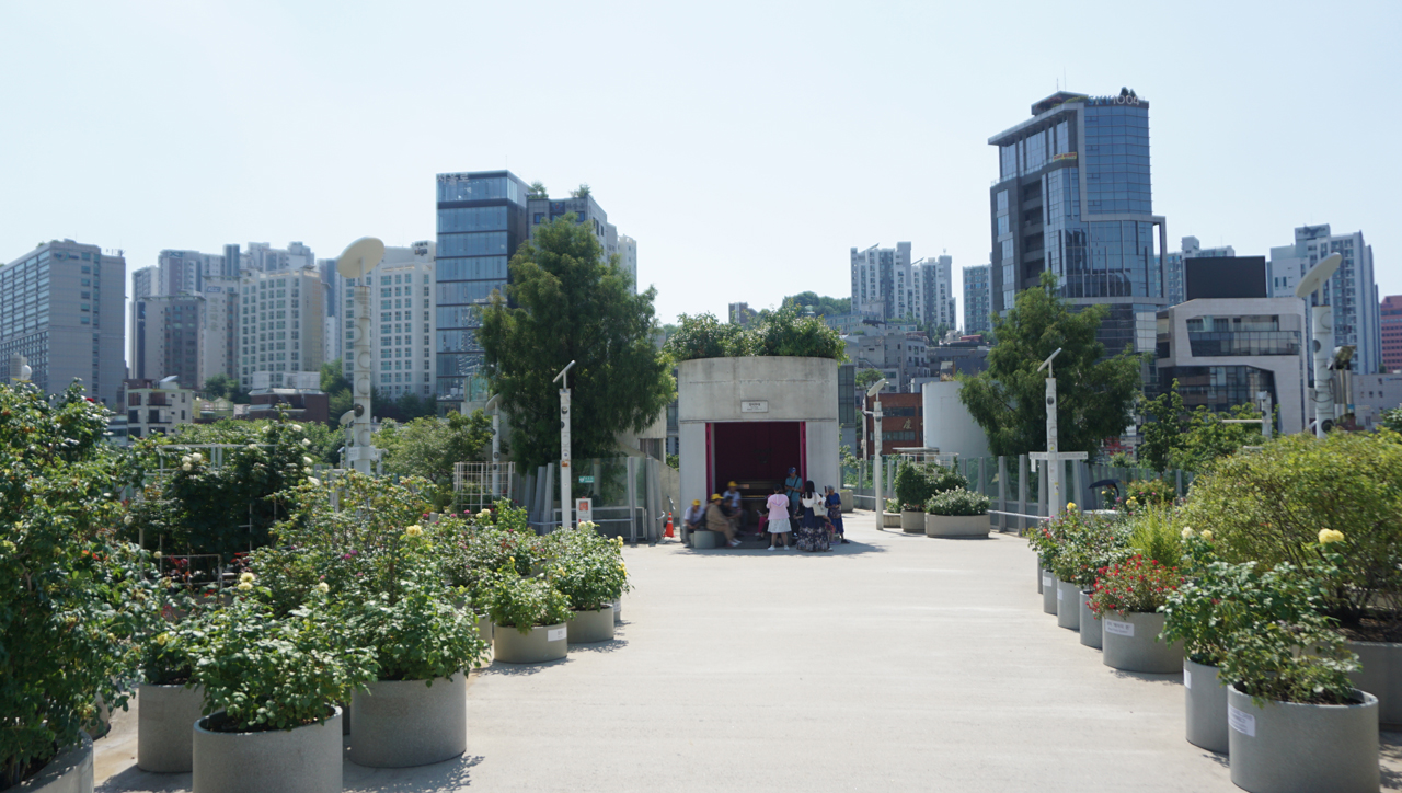서울로 7017 장미정원 앞에 사람들이 모여 앉아있다