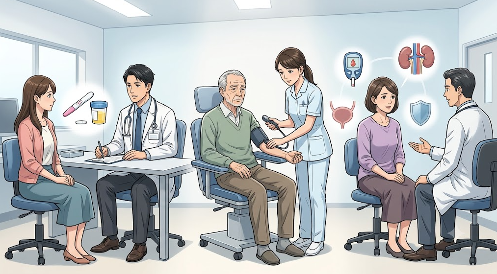 임신 가능성, 고령 및 쇠약, 당뇨와 신장 질환 등 특수 환자 조건에 따른 진료 상황을 나타낸 메디컬 일러스트
