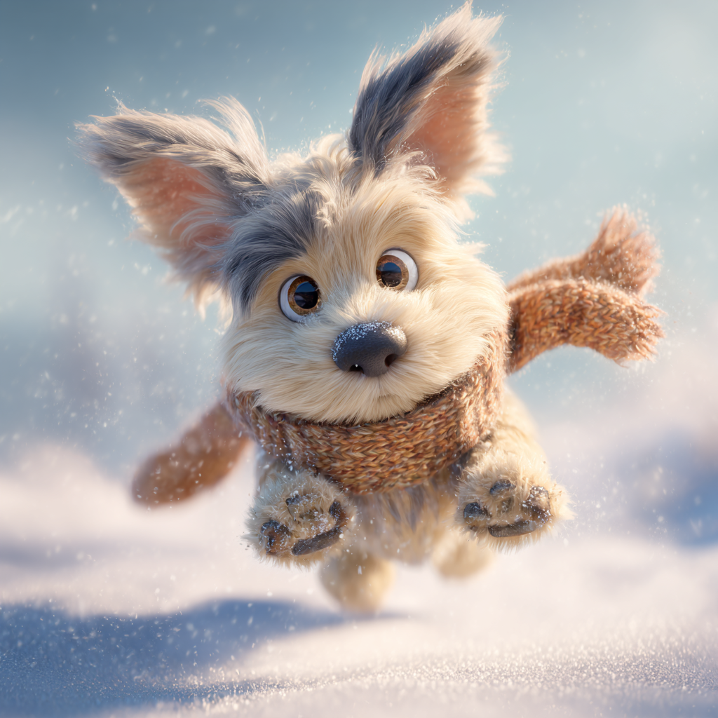 신나게 눈밭을 뛰노는 강아지,픽사스타일 일러스트