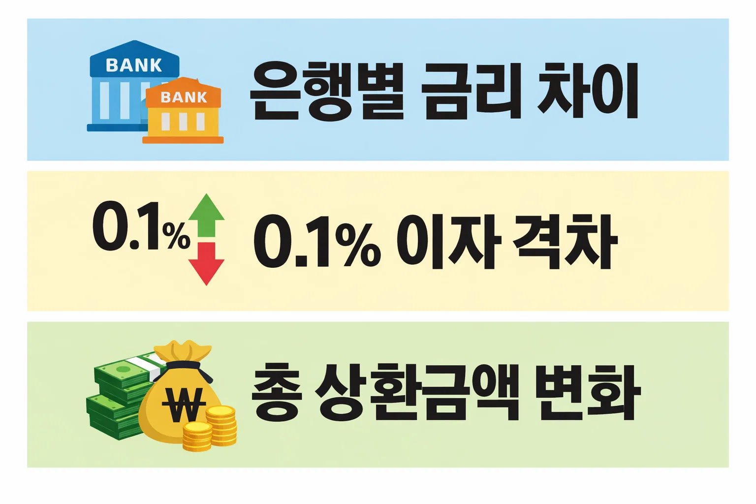 주택담보대출 금리비교 사이트에서 은행별 금리 차이가 0.1%만 나도 총이자가 달라지는 구조를 시각적으로 설명한 이미지