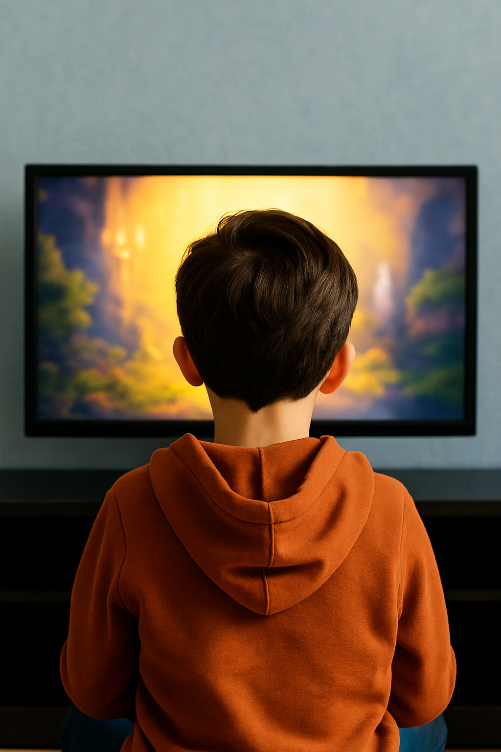 주황색 후드를 입은 남자아이가 밝은 TV 화면 앞에 앉아 게임을 하는 뒷모습을 담은 실제 촬영 느낌의 사진. 화면 빛에 집중하는 아이의 모습이 부드럽게 연출됨.