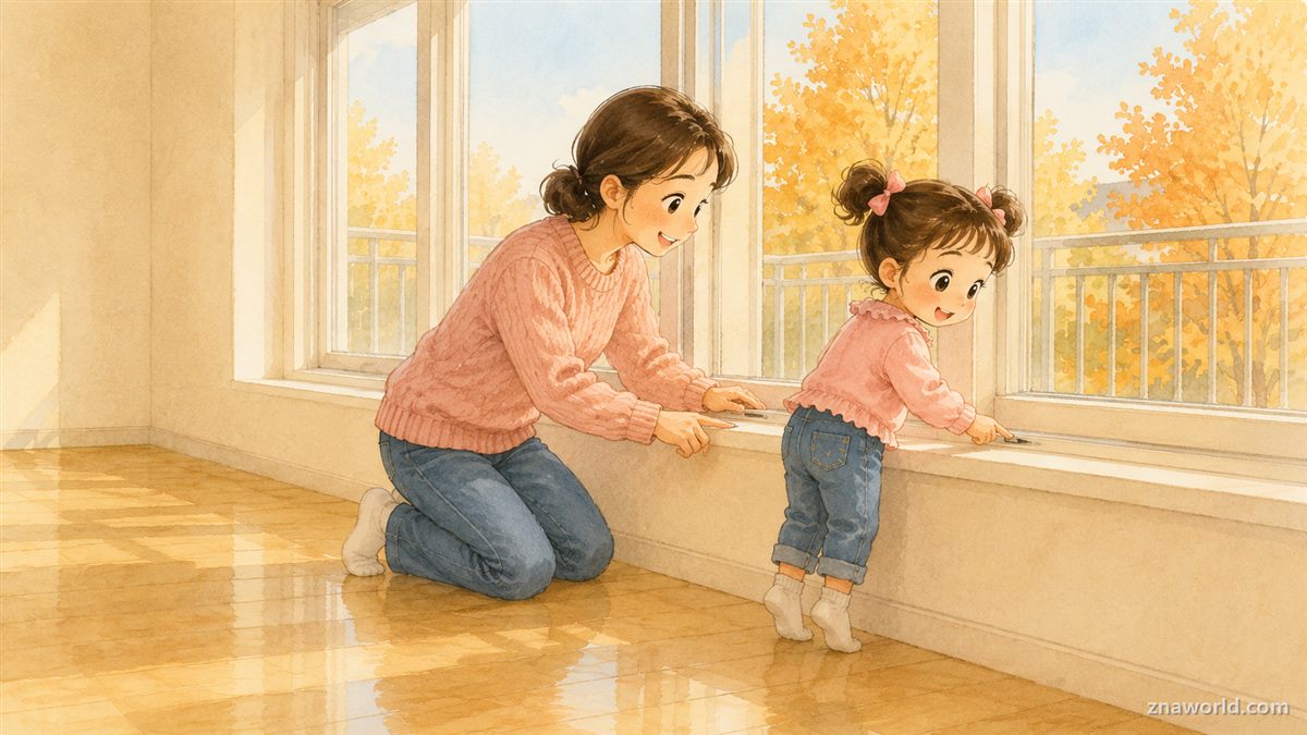 창틀을 손으로 확인하는 엄마와 따라 하는 아이