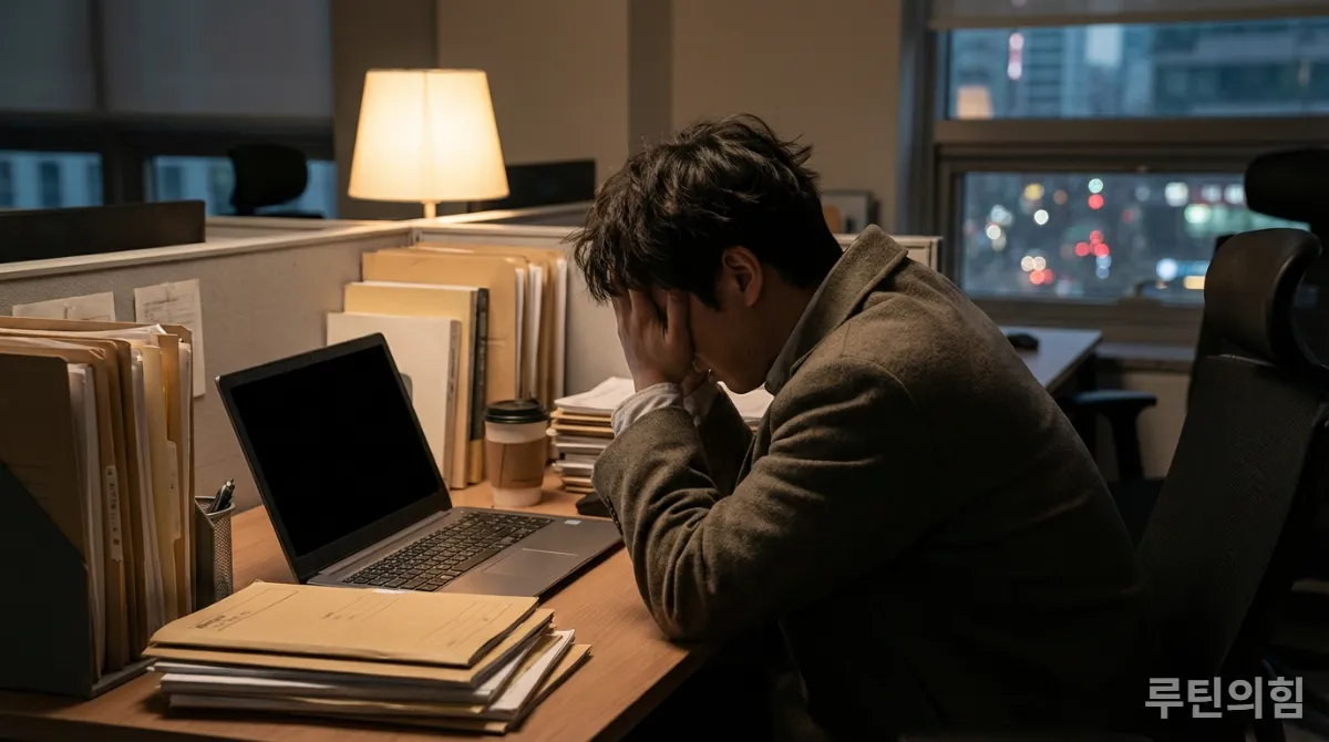 책상에 엎드려 지쳐 있는 한국인 직장인, 번아웃 증상을 보여줌