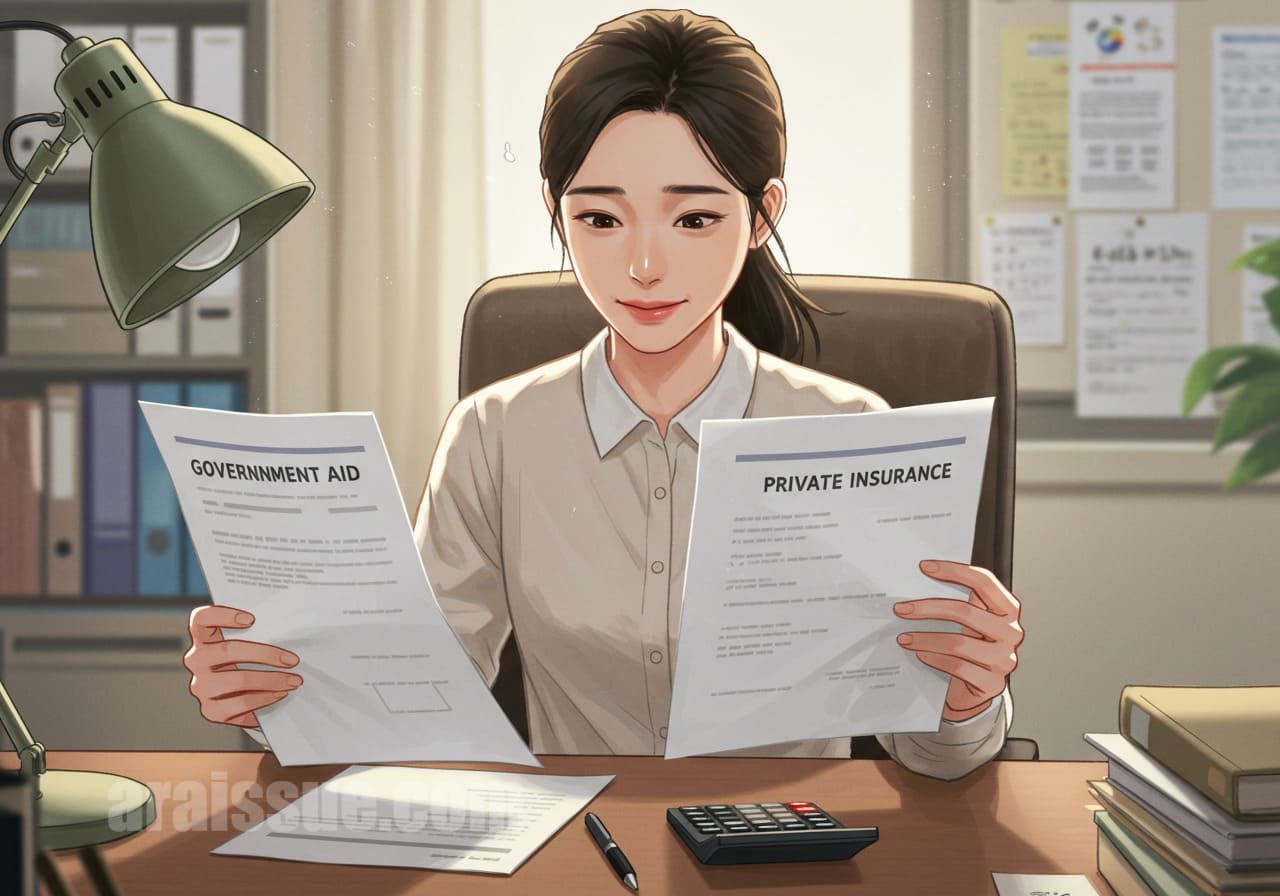 정부지원서와 실손보험 청구서를 나란히 놓고 비교하는 여성. 책상 위에 계산기와 노트가 함께 놓여 있어 전략적 결정의 느낌을 강조합니다.