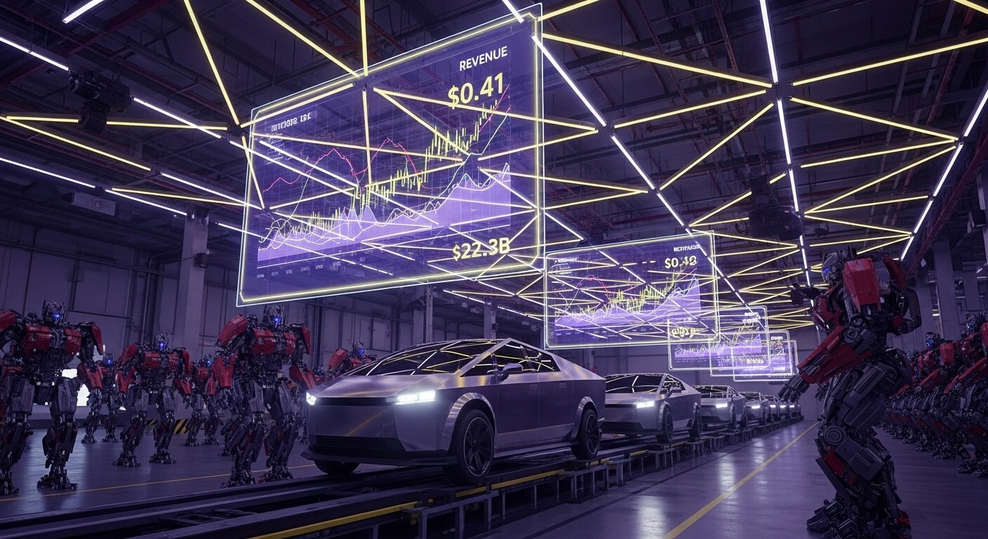 테슬라 생산라인에 로봇이 있고 상부에 달린 모니터에는 주식의 변동을 보여주고 있다