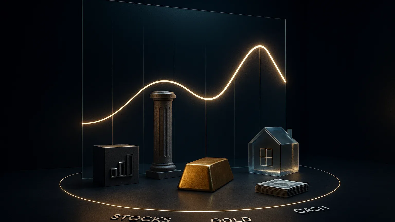 인플레이션 그래프와 다양한 투자 자산들이 균형을 이루는 포트폴리오 이미지