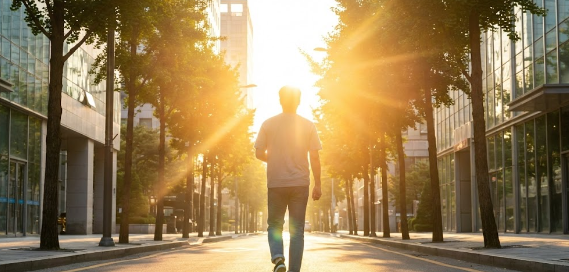 희망찬 아침 햇살이 비치는 거리와 활기차게 걷는 사람