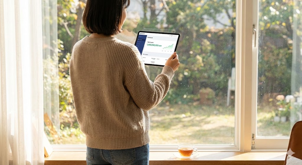 10년의 시간이 흐른 뒤, 목표 금액(10억)이 달성된 계좌를 바라보며 편안하게 미소 짓는 투자자의 뒷모습