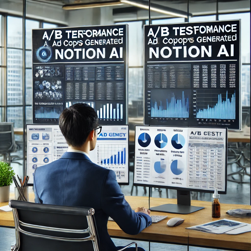 DALL·E 2025-04-08 10.49.22 - A Korean advertising analyst reviewing A_B test performance data for ad copies generated using Notion AI, working with dual screens in a modern glass-.webp
