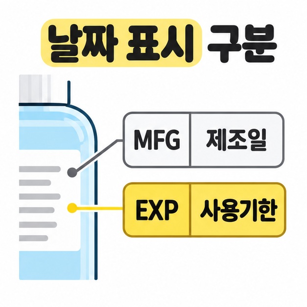 손소독제 라벨에서 MFG는 제조일, EXP는 사용기한이라는 대응 관계를 확대해 보여 주는 그림