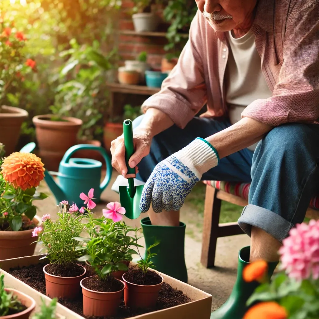 꽃을 심고 식물을 돌보며 치매 예방을 위한 치유 활동으로 정원 가꾸기를 하는 노인, 밝고 활기찬 정원에서 평화로운 야외 환경을 즐기는 장면