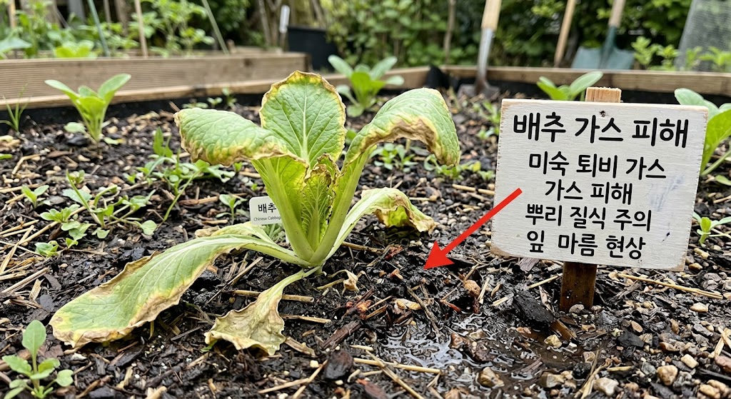 미숙 퇴비 가스 피해로 인해 뿌리가 손상되고 잎끝부터 노랗게 시들어가는 배추 모종의 상태