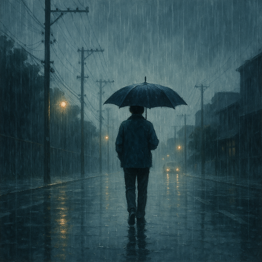 비 오는 날 우산 쓰고 걷고 있는 남자 사진