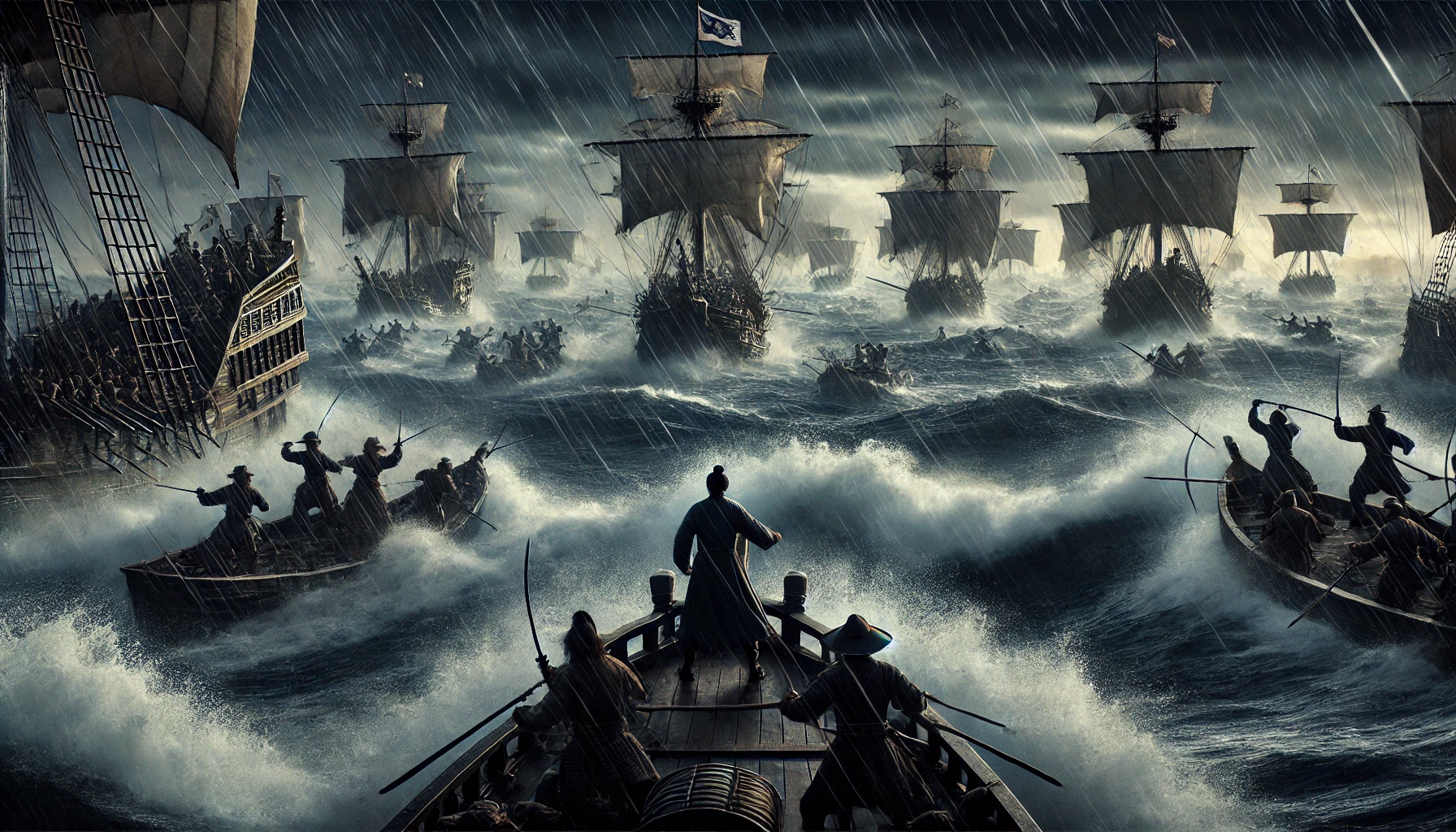 노량 앞바다에서 전투중인 이순신 장군