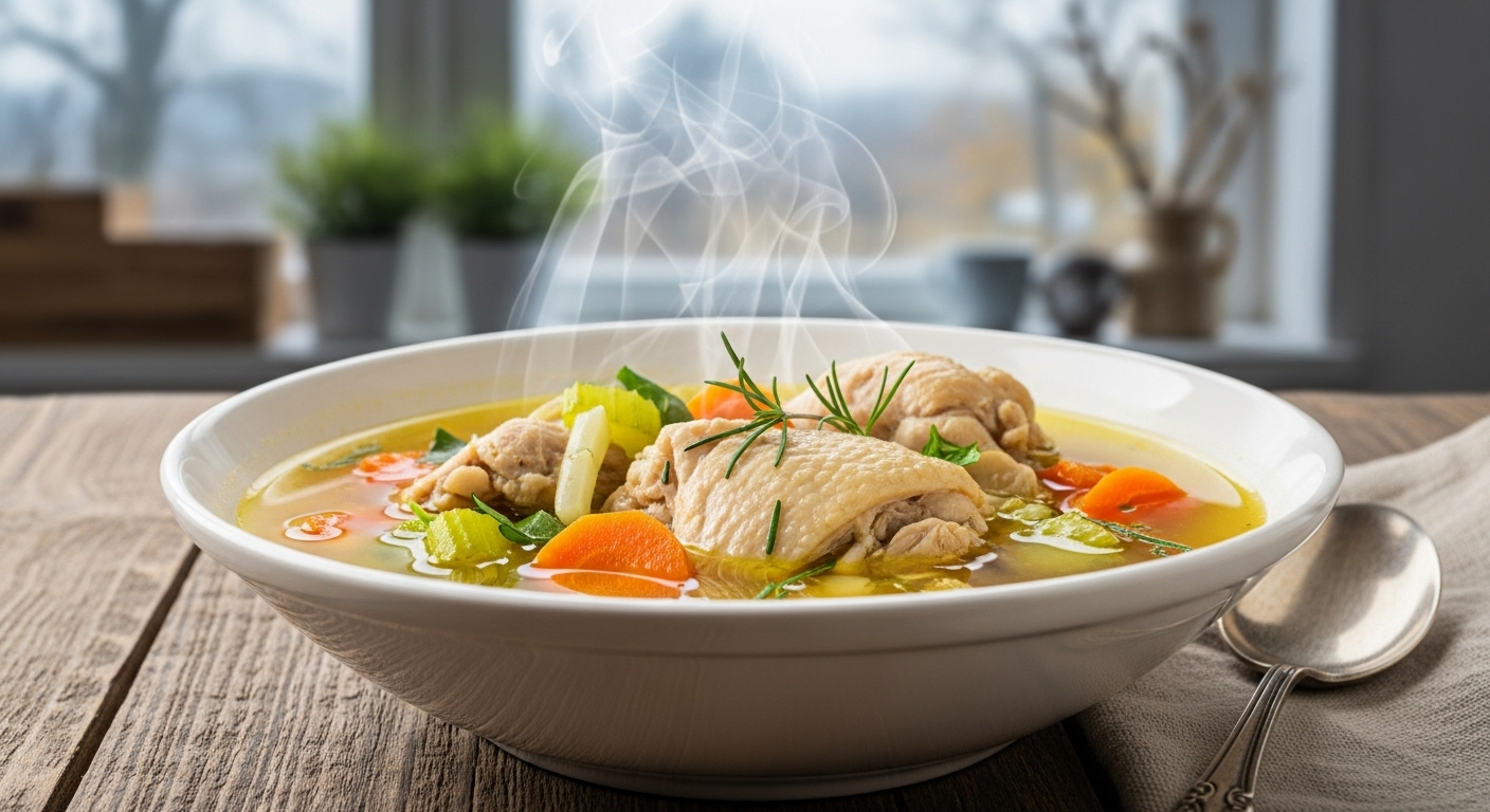 따뜻하고 김이 모락모락 나는 닭고기 야채 수프 한 그릇, 환절기 면역력 강화에 좋은 영양 가득한 식사.