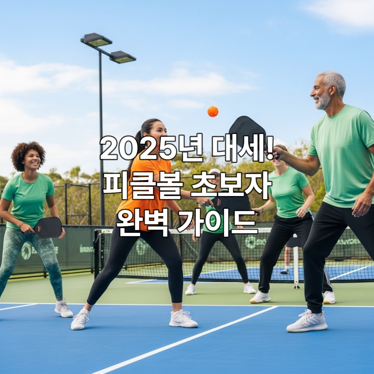 2025년 가장 빠르게 성장하는 스포츠인 피클볼 코트에서 다양한 연령대의 사람들이 활기차게 복식 경기를 즐기는 모습. 다채로운 패들과 피클볼 공이 역동적인 분위기를 더하며, 즐거움과 건강미가 느껴지는 장면.