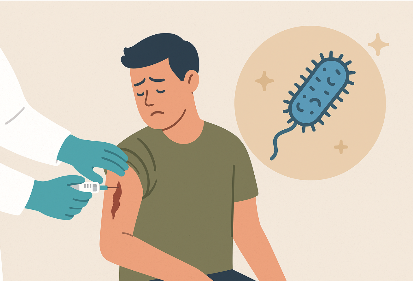 파상풍균을 배경으로 상처 부위에 예방주사를 맞고 있는 남성 환자와 의료진을 묘사한 미니멀 스타일의 일러스트