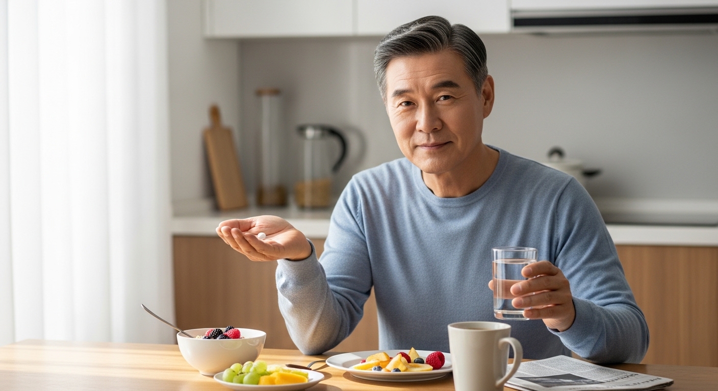 【IMG11 &mdash; 아침 식전 30분에 약을 챙겨 복용하는 55세 한국인 이미지】