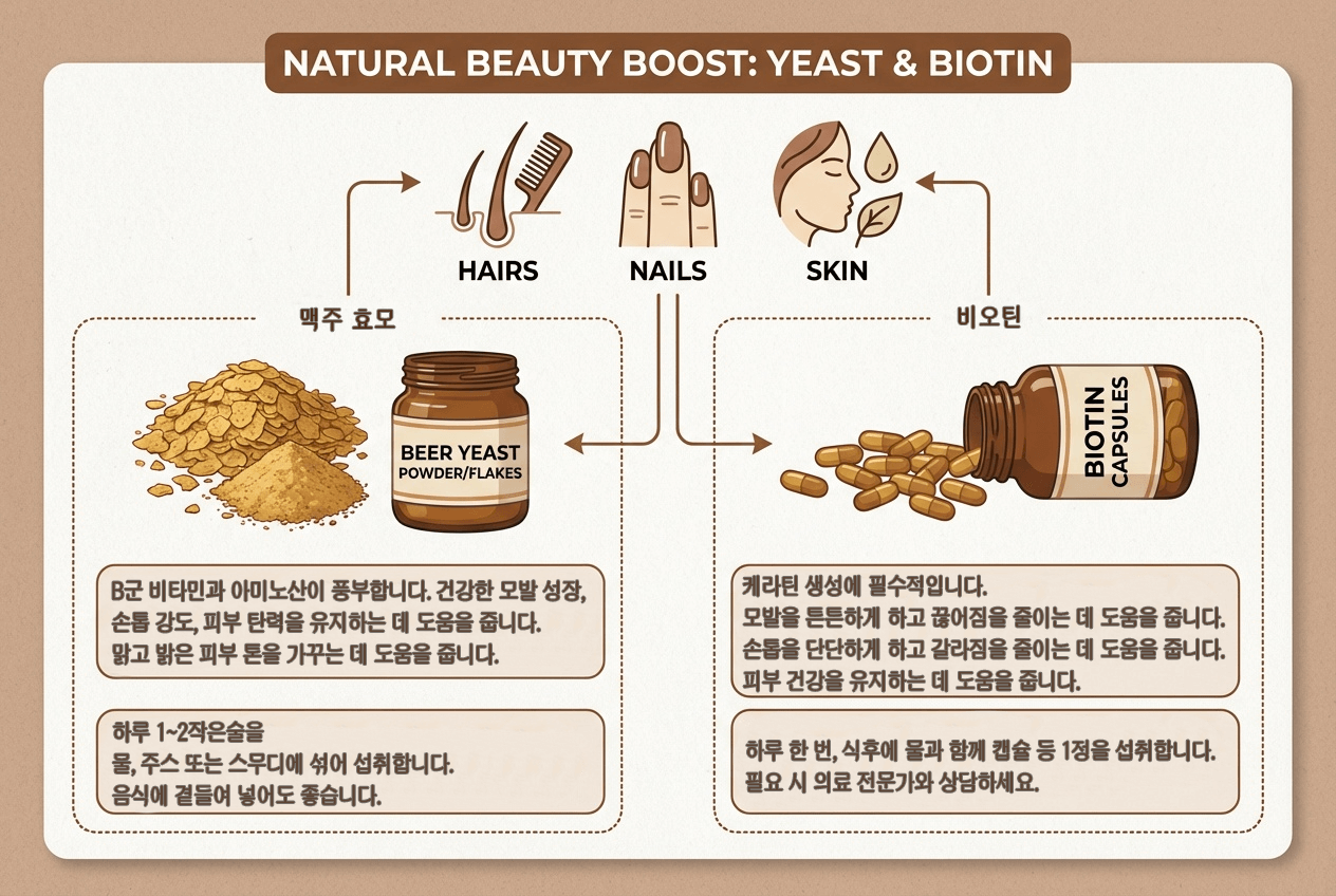 맥주효모 분말과 캡슐형 비오틴이 머리카락·손톱·피부 관리에 어떻게 도움을 줄 수 있는지 일러스트와 간단한 설명으로 정리한 영문 인포그래픽 이미지