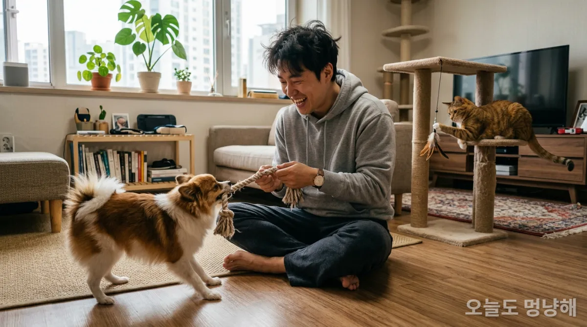 1인 가구 남성이 강아지와 놀아주고 고양이가 옆에서 지켜보는 모습
