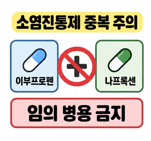 이부프로펜과 나프록센 캡슐 그림 사이의 더하기 기호에 금지 표시를 겹쳐 소염진통제의 임의 병용을 주의하도록 안내한 카드