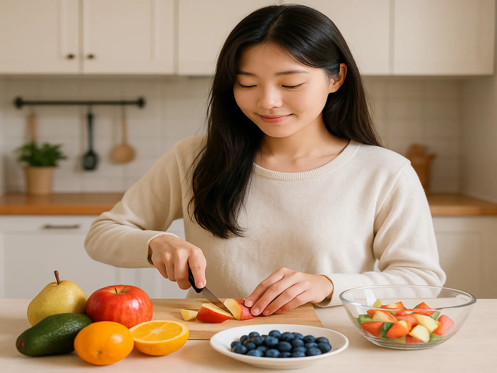 밝은 주방에서 청순한 한국인 여성이 사과, 블루베리, 오렌지, 아보카도, 배 등 과일을 손질하며 샐러드를 준비하는 모습