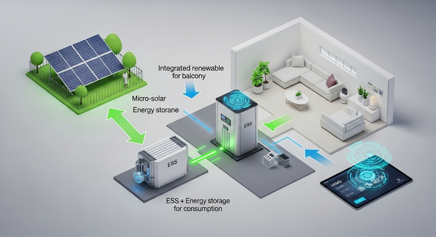 태양광, ESS, HEMS가 통합된 스마트 에너지 관리 시스템의 개념도. 효율적인 에너지 자립 주택의 미래를 상징하는 이미지.