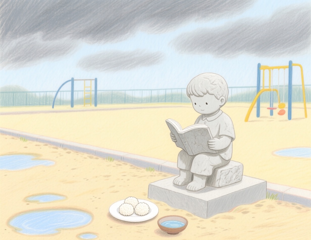 먹구름 낀 운동장 가장자리, 책 읽는 아이 석상 앞에 떡 접시와 물그릇이 놓인 상상화