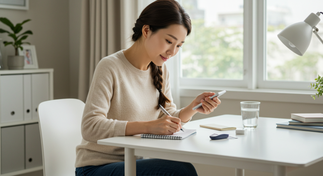 여성이 혈당 측정 결과를 노트에 기록하는 모습