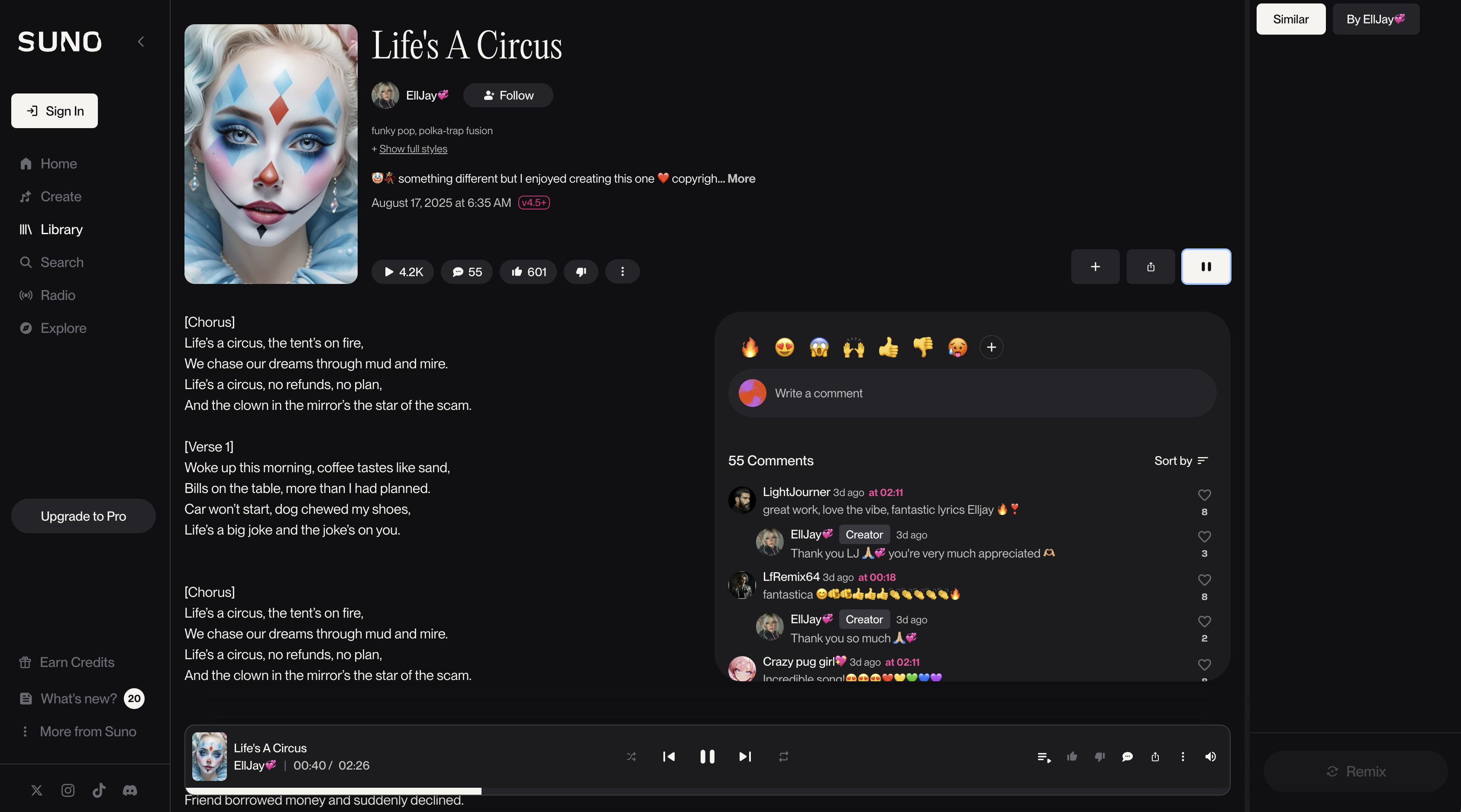 Life's A Circus ❘ Library in suno.com