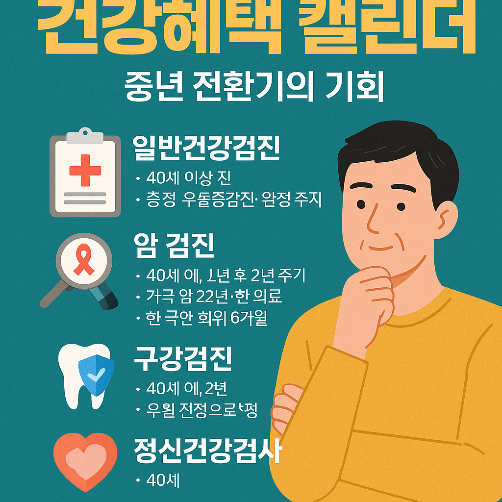 40대를 위한 암 검진과 정신건강 검진, 구강검진 정보를 한눈에 요약한 한국어 디지털 인포그래픽 일러스트