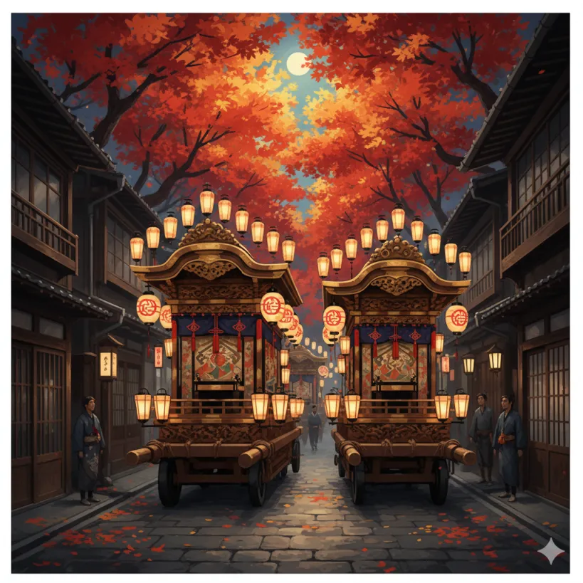 단풍이 물든 거리에서 행렬하는 다카야마 가을축제 수레.