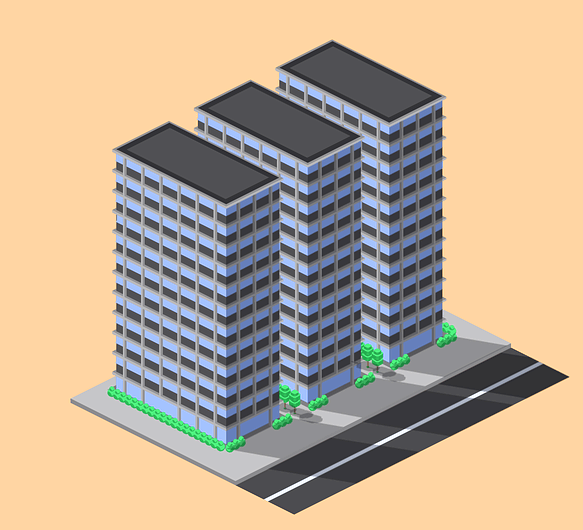 고층 아파트 3개가 나란히 붙어있다. 하늘색 벽이며 창문들이 많다.