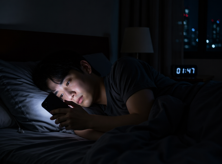 침대에서 스마트폰을 사용하며 밤늦게까지 깨어 있어 피로가 누적된 상태를 보여주는 이미지