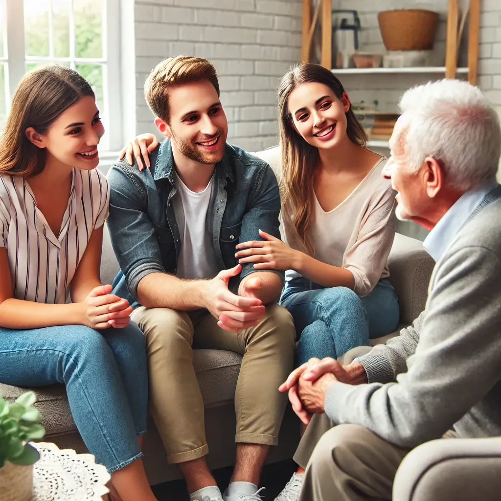 거실에서 가족과 함께 대화를 나누고 추억을 공유하며 사회적 교류를 통해 치매 예방을 돕는 노인&amp;#44; 편안하게 앉아 이야기를 나누며 웃고 있는 장면