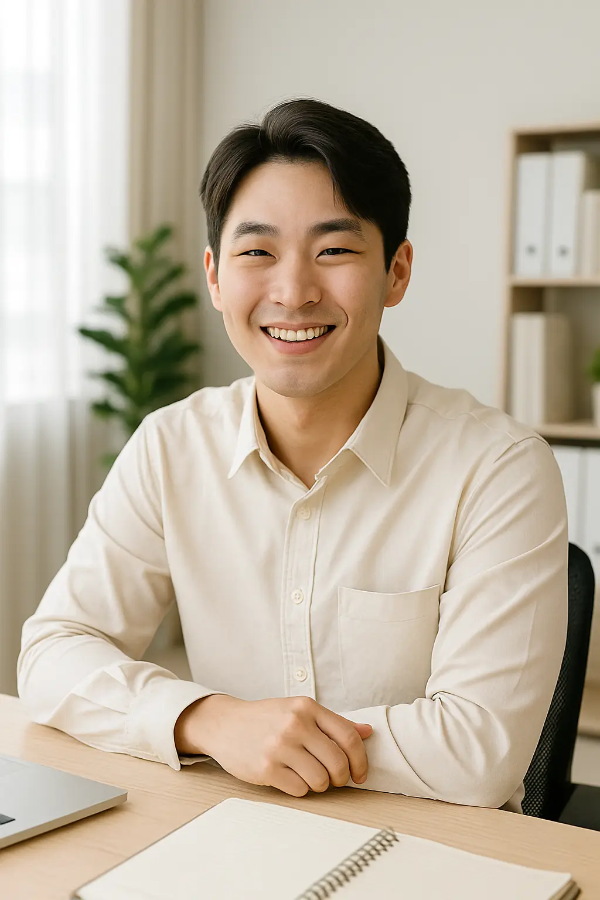 내추럴한 오피스 배경에서 앉아 미소 짓는 20대 후반 한국인 청년의 모습, 근로자 지원과 공제 혜택을 상징하는 자연스러운 이미지, 텍스트 없음