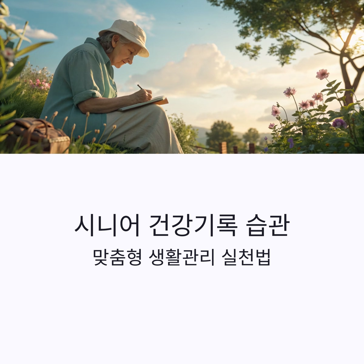 시니어가 자연 속에서 건강기록을 작성하는 모습