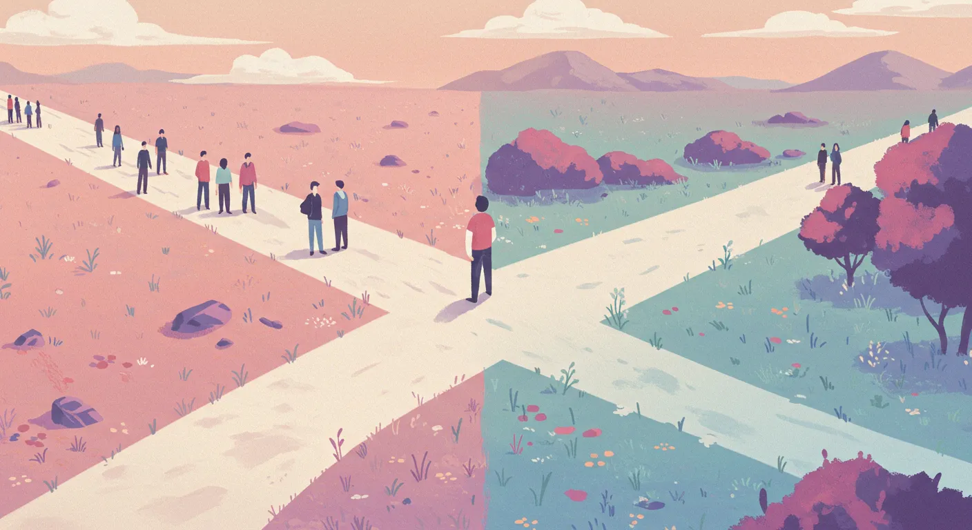 한 사람이 갈림길에 서서 고민하는 모습.