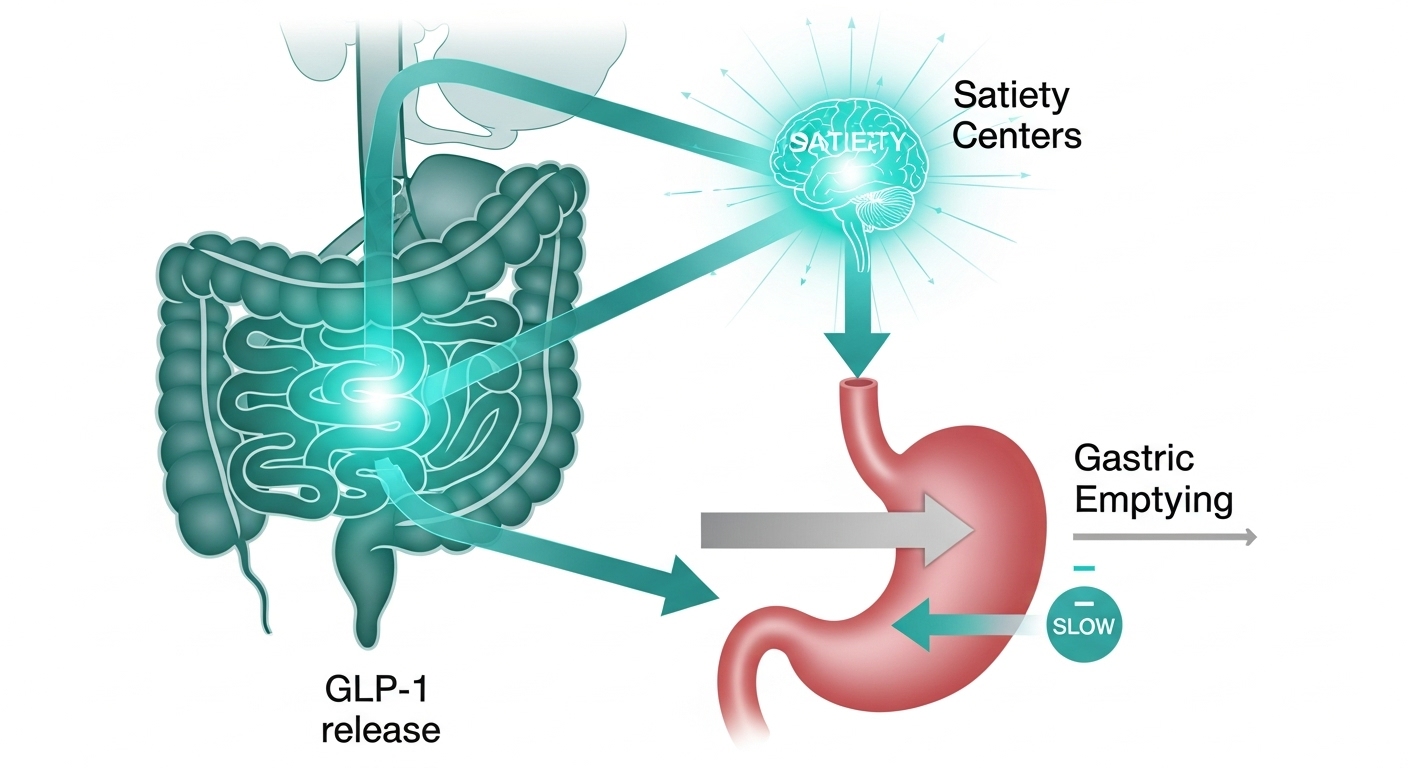 위고비의 작용 원리를 설명하는 GLP-1 호르몬 인포그래픽: 뇌와 위장에 미치는 영향을 시각적으로 표현.