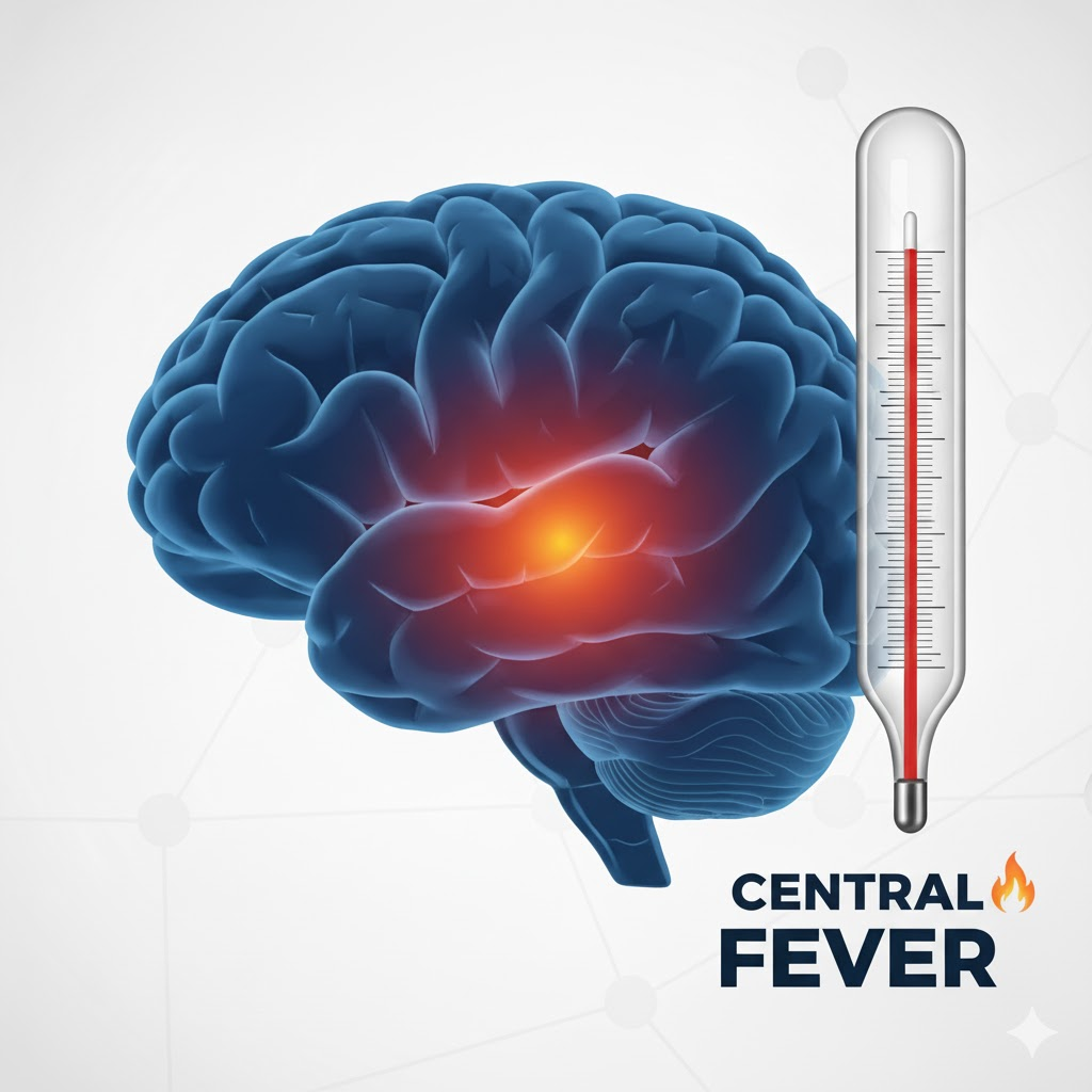 뇌의 체온 조절 중추인 시상하부를 나타내는 해부학적 뇌 이미지와 상승된 체온계를 보여주는 일러스트