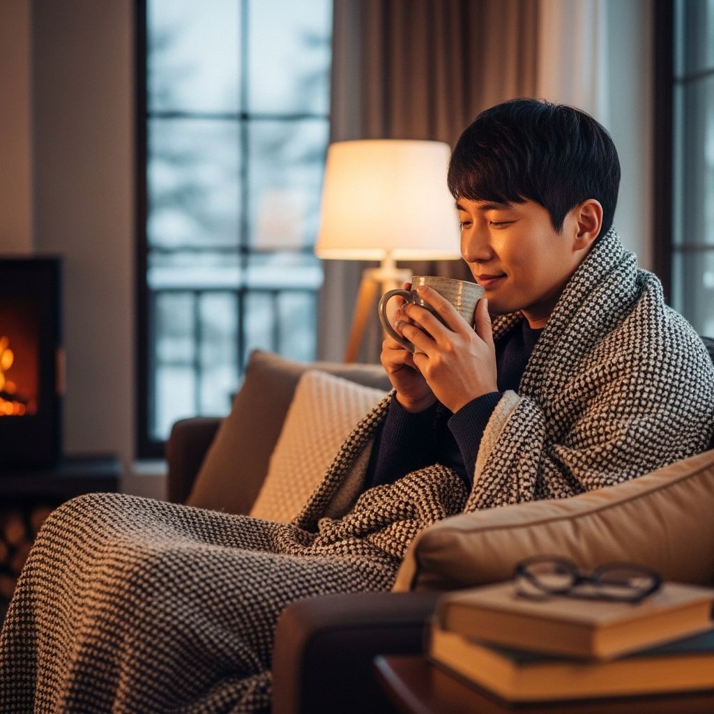 크리스마스 선물상자&amp;#44; 쇼파에서 커피를 마시고 있느 남성