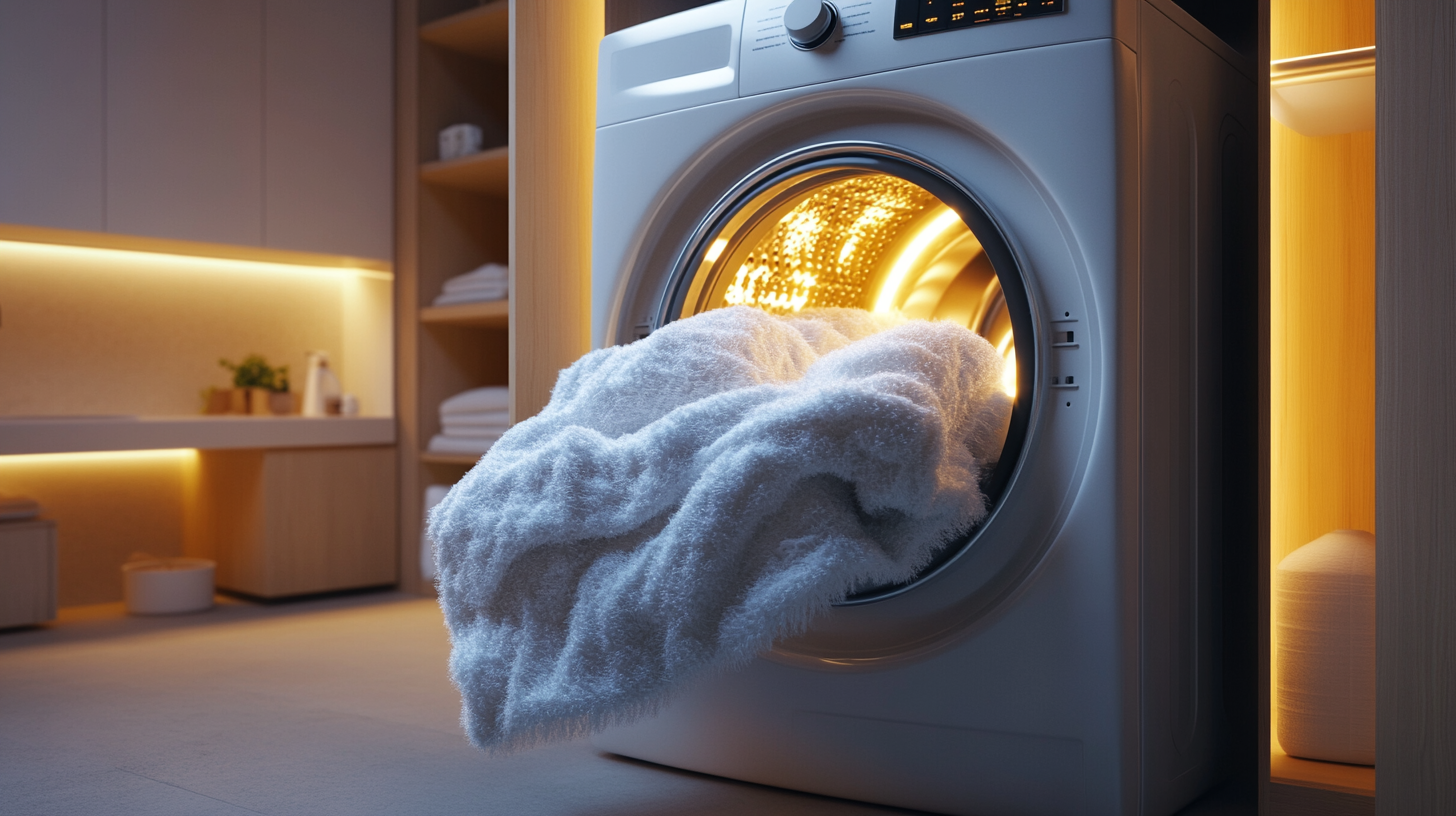 LED로 부드럽게 빛나는 대형 세탁기에 두꺼운 겨울 담요를 넣는 모습, 깔끔하고 현대적인 세탁실의 모습이 돋보입니다.