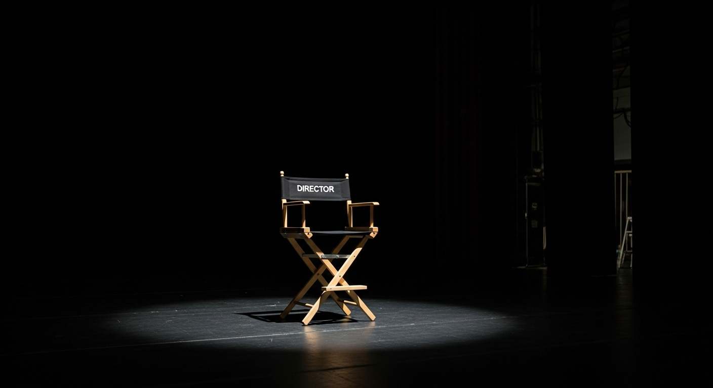 어두운 무대 위, 스포트라이트가 텅 빈 감독 의자(Director's Chair) 하나만을 비추고 있는 이미지.