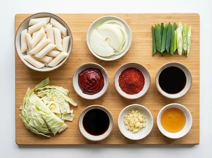 떡, 양배추, 대파, 고추장, 꿀 등 꿀 떡볶이 재료 구성