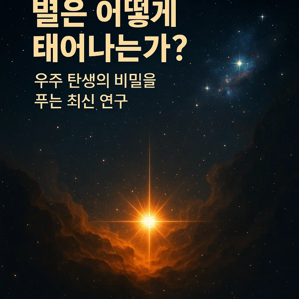 성운 속에서 별이 태어나는 장면을 표현한 우주 일러스트, 상단에는 &lsquo;별은 어떻게 태어나는가? 우주 탄생의 비밀을 푸는 최신 연구&rsquo;라는 텍스트 포함