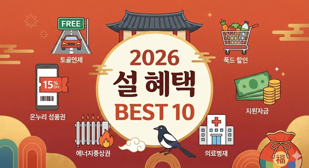 '2026 설 혜택 BEST 10' 문구와 함께 주요 설날 복지 혜택을 아이콘으로 표현한 전통 일러스트