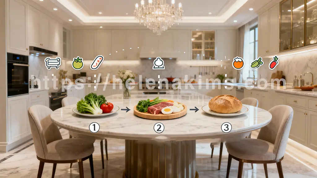 주방 식탁 위 둥근 접시에 채소(①), 단백질(②), 탄수화물(③)이 식사 순서대로 배열된 모습.