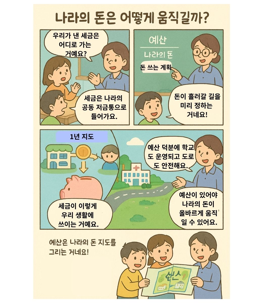 초등학생이 세금이 예산이라는 계획을 통해 학교, 도로, 병원으로 흘러가며 나라 경제가 움직이는 과정을 배우는 4컷 경제 교육 만화